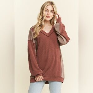 Heimish Rust Long Sleeve Urban Ribbed Color Block Knit Top